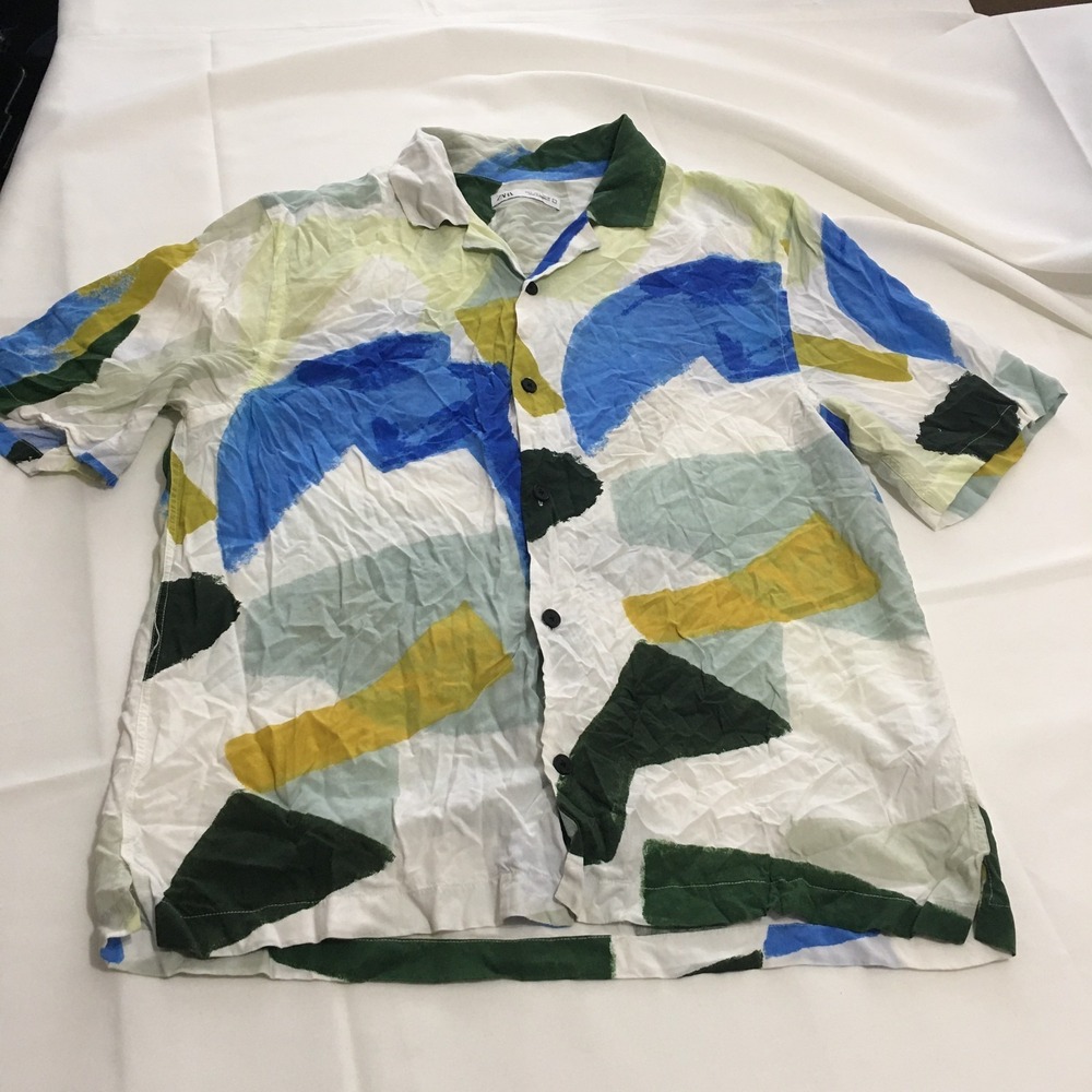 Zara Man Short Sleeve Button Camp Shirt Large Abstract Brushstroke Print Arty